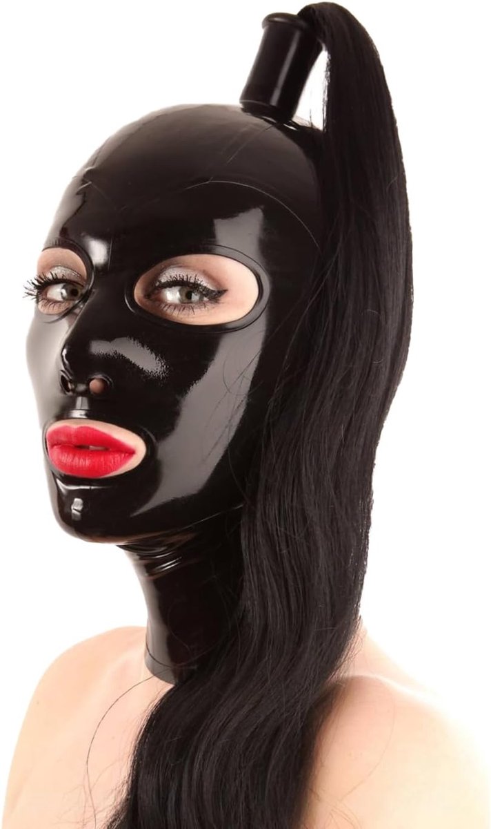 Black Latex Cap with Hair Openings,Unisex Natural Latex Mask with Back Zipper Closure - ShopVlot