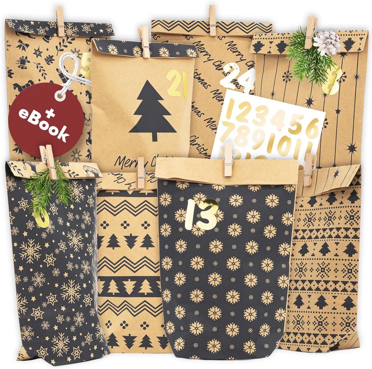 AMARI Adventskalender om te vullen nr. 22 Winter Blue - 24 papieren adventszakjes (met houten klemmen) om te knutselen - ShopVlot