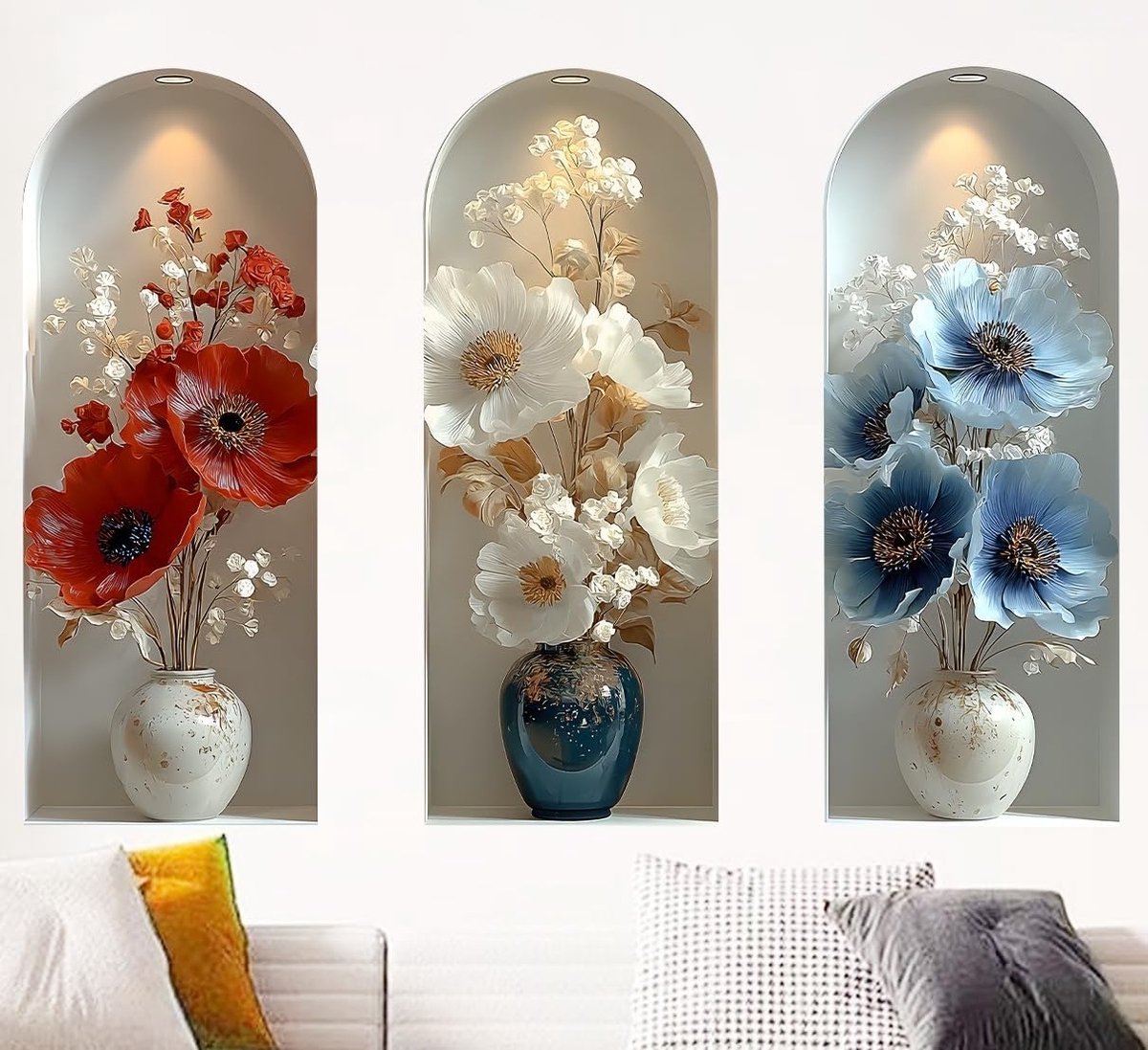 Set van 3 muurstickers bloemen niche, realistische klaprozen, muursticker met boog-niseffect, zelfklevende - ShopVlot