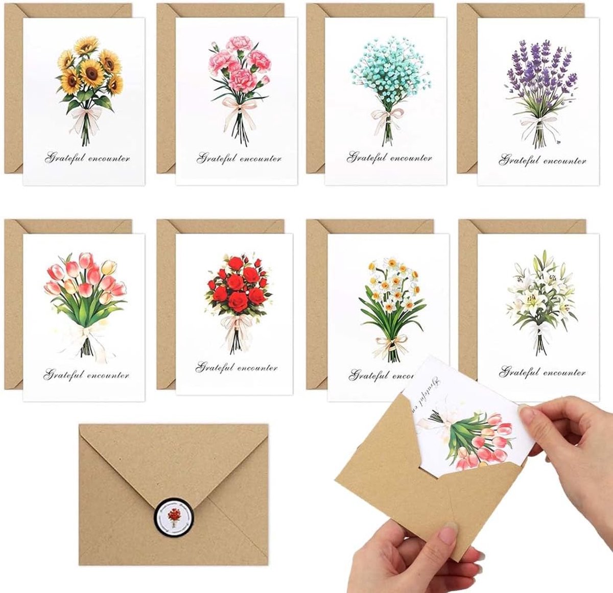 8 verjaardagskaarten, bloemenmotieven, vouwkaarten met envelop, verjaardagsgroeten, familie, vrienden - ShopVlot