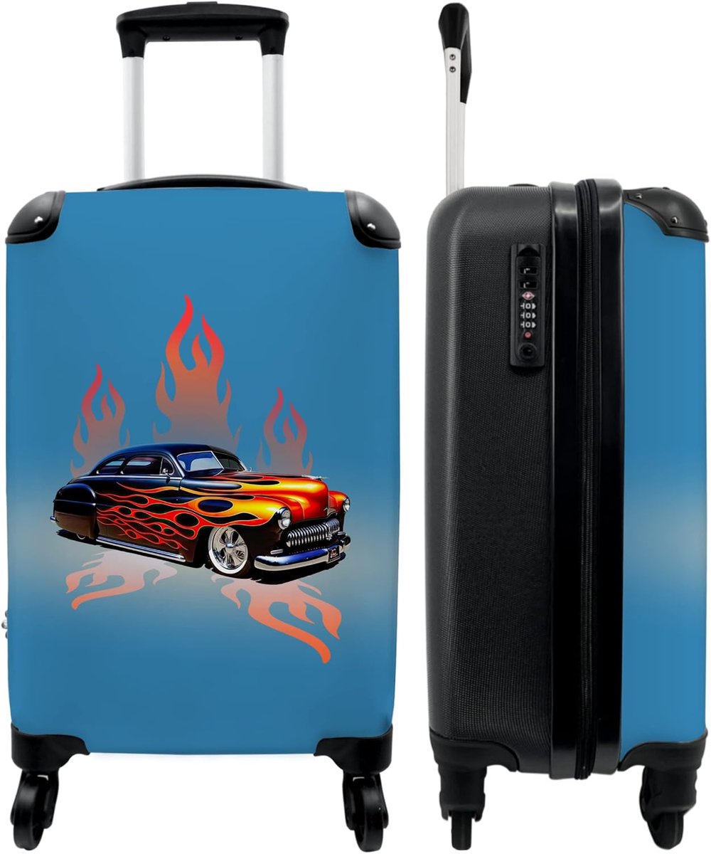 NoBoringSuitcases.com® Suitcase Hand Luggage, Trolley Suitcase, Small Travel Suitcase with 4 Wheels, Car, Flames - ShopVlot