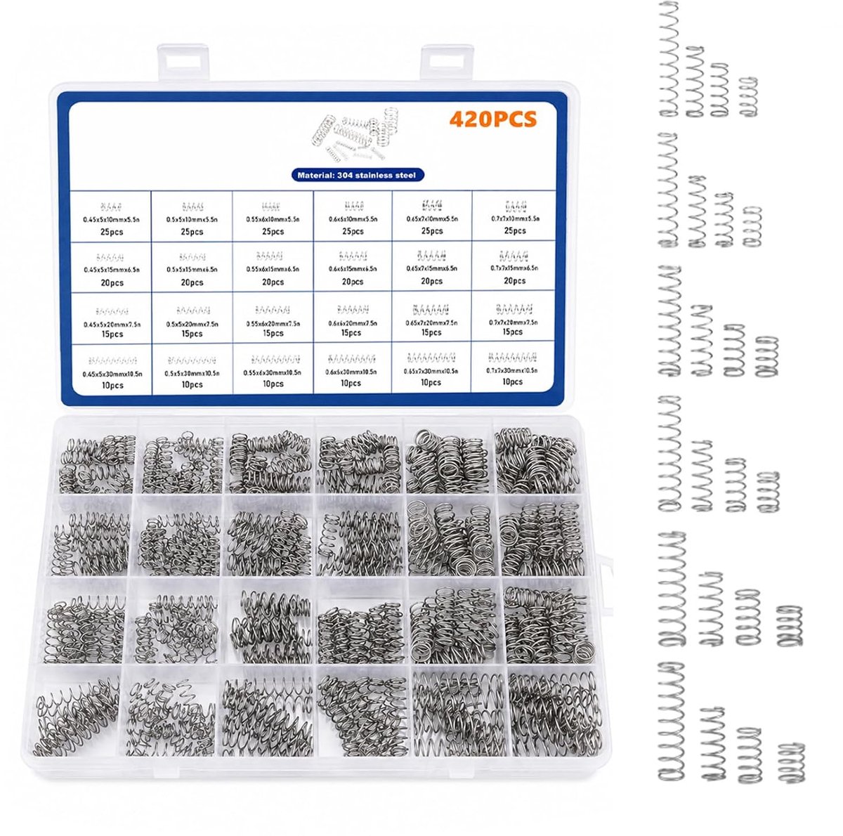 Set met 420 drukveren, 24 maten, 6 elasticiteiten, roestvrij staal voor gereedschap en doe-het-zelf-reparaties - ShopVlot