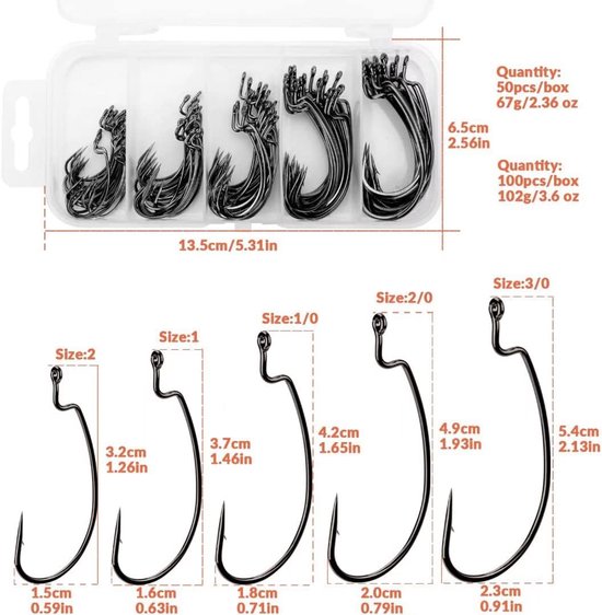 THKFISH 100pcs/box Offset Worm Hook Fishing Hook Set Dropshot Hook Set Rubber Fish Jigs Fishing Kit # 2# 1 1/0 2/0 3/0 - ShopVlot — afbeelding 2
