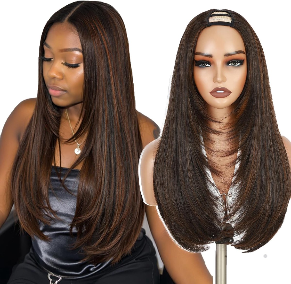 24 in Long Straight U-Part Half Wig Brown With Highlights Layered Hair - ShopVlot