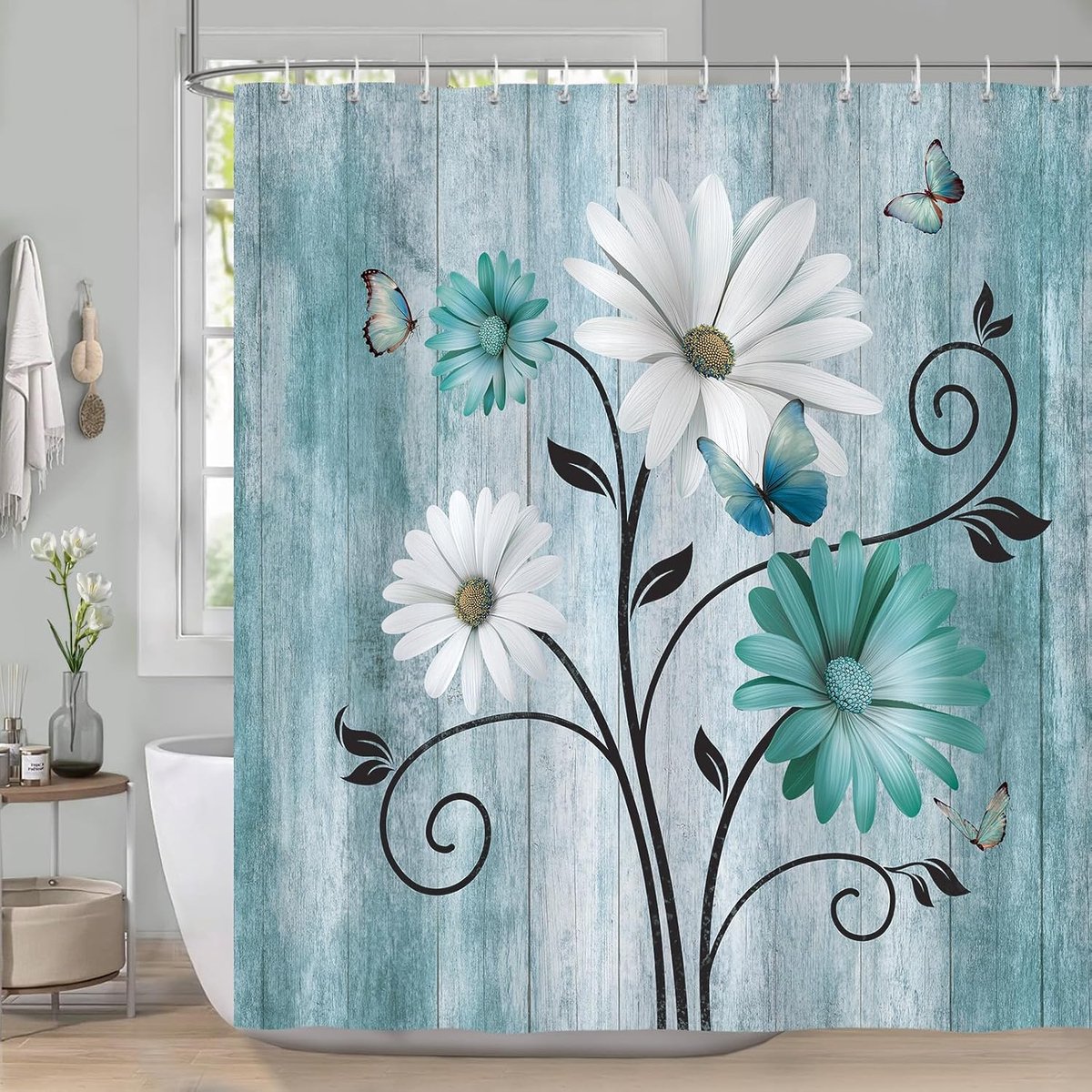 Rustic Flower Shower Curtain Teal White Daisy Flower Butterfly Wooden Farm Bathroom Curtain 180x180cm, Water - ShopVlot