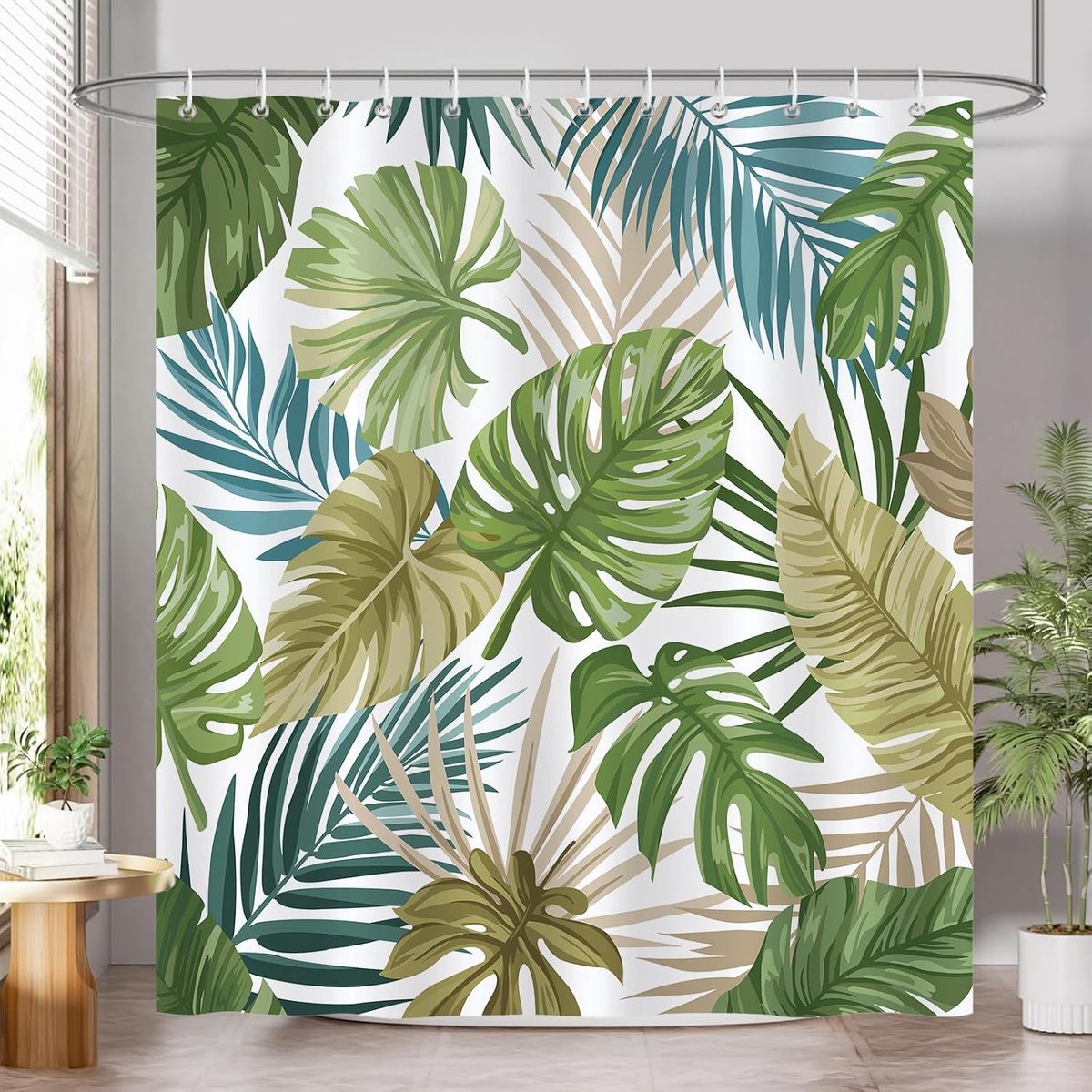 Douchegordijn met tropische bladeren, groene palmbladeren, botanische planten, badkamergordijn, 180 x 180 cm - ShopVlot