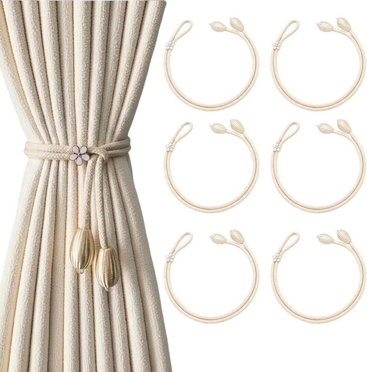 Pack of 6 Cotton Beige Colour Curtain Holders, Pleated Curtains for Home Households, Hotels and Offices - ShopVlot