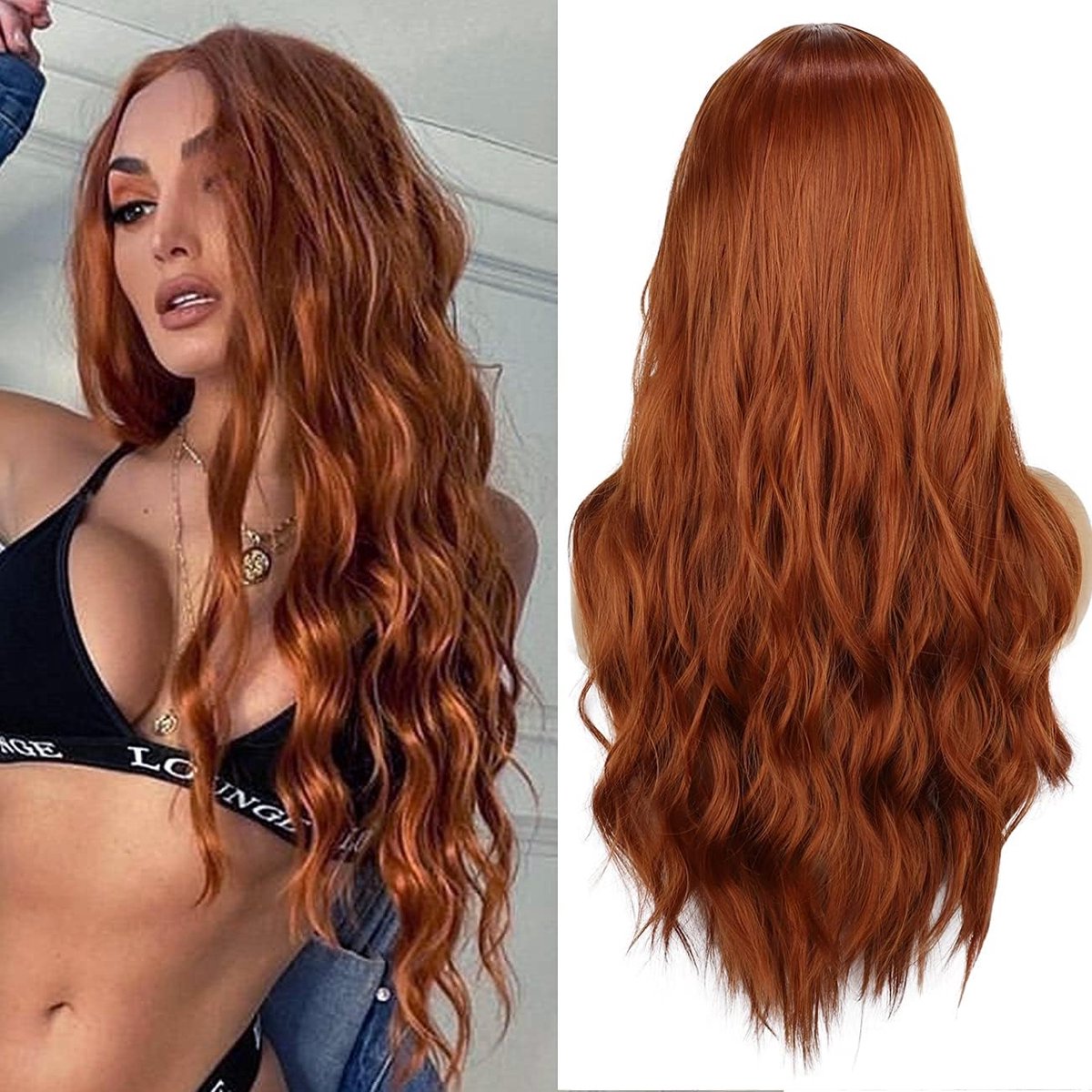 Lang krullend haarstuk auburn rood bruin - synthetisch haar - natuurlijk uiterlijk - ideaal voor feestjes - ShopVlot