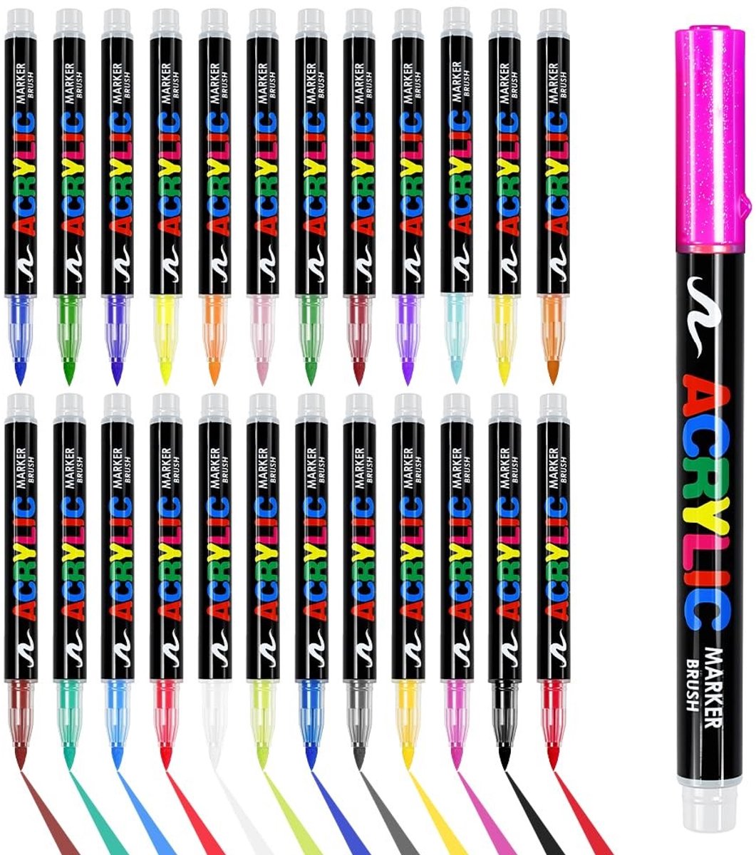 Solidchoice - Set van 24 Acryl Markers met Penseelpunt voor Creatieve Schilderprojecten