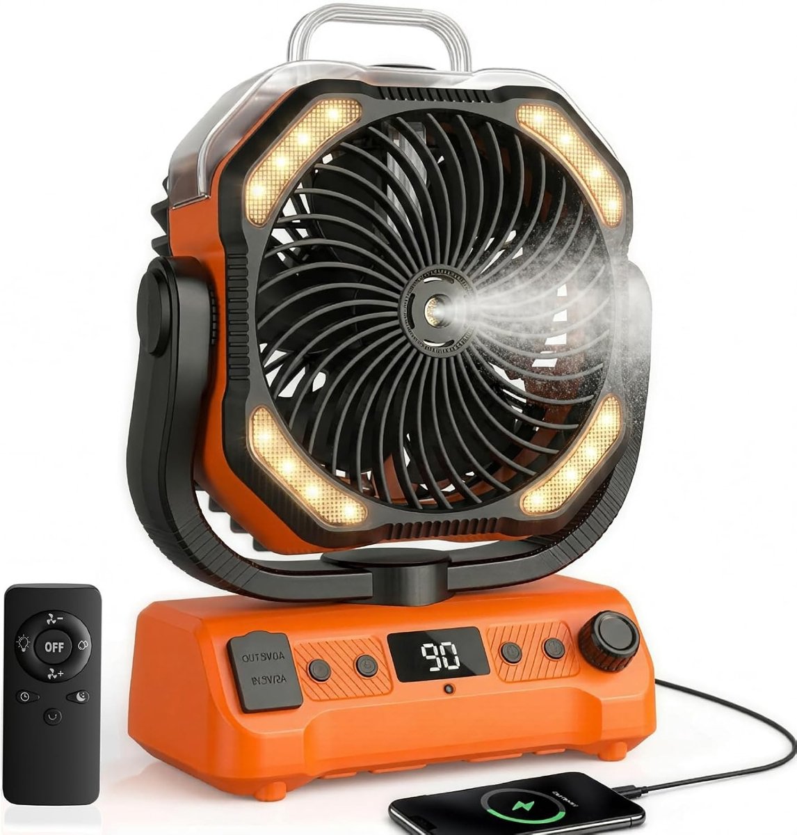 Campingventilator met LED-verlichting - Oranje - Draagbaar - Oplaadbare Ventilator met Afstandsbediening - Voor Buitengebruik