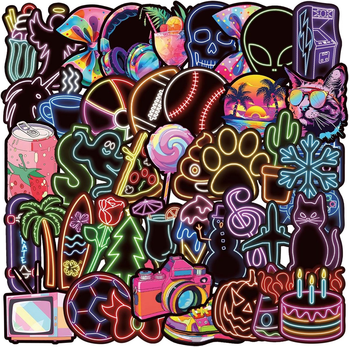 Neonstickers 100 stuks - waterdicht vinyl - unieke patronen - perfect voor laptop en skateboards - ShopVlot