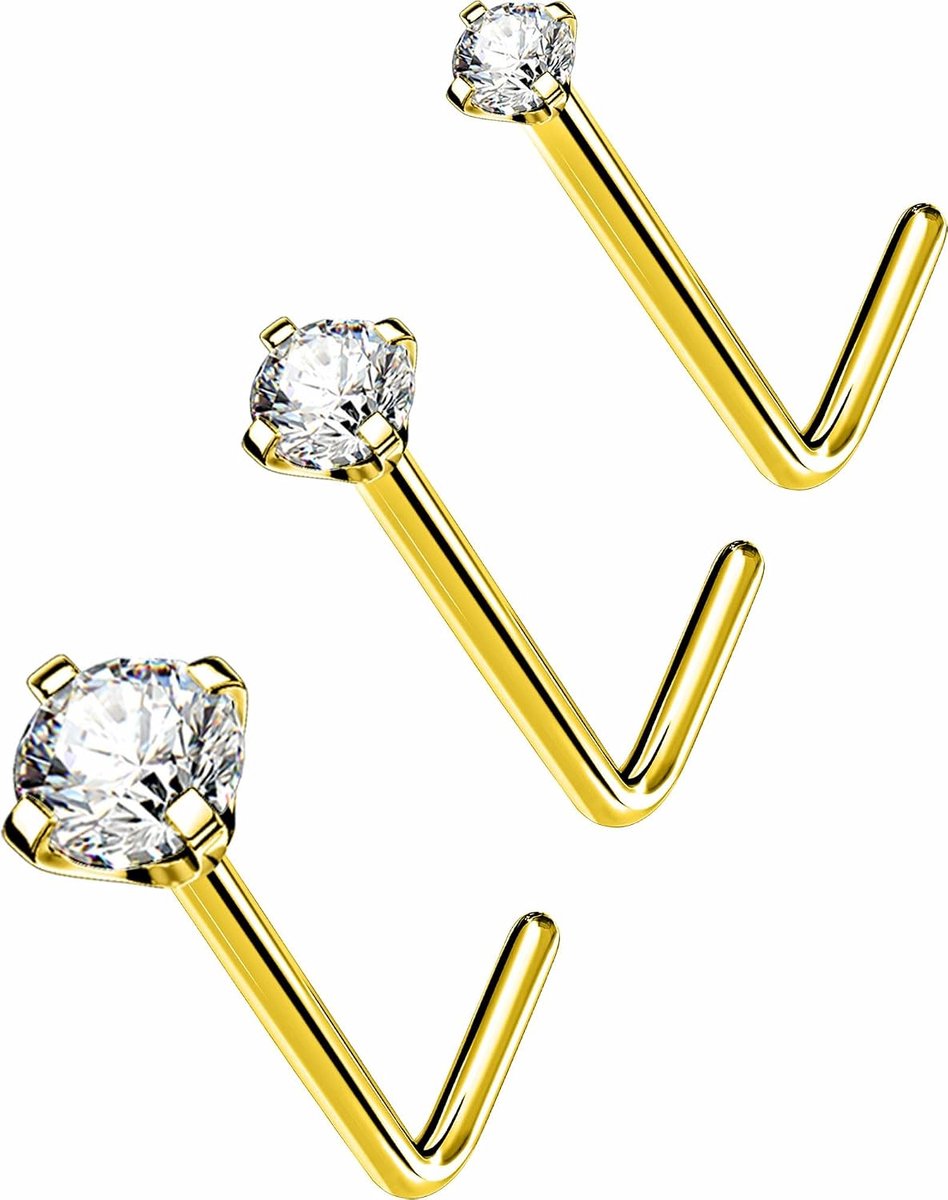 Neusstuds 20G - 5PCS Titanium L-vormige neusringen - 6 mm goud met cubic diamant - stijlvol en subtiel - ShopVlot