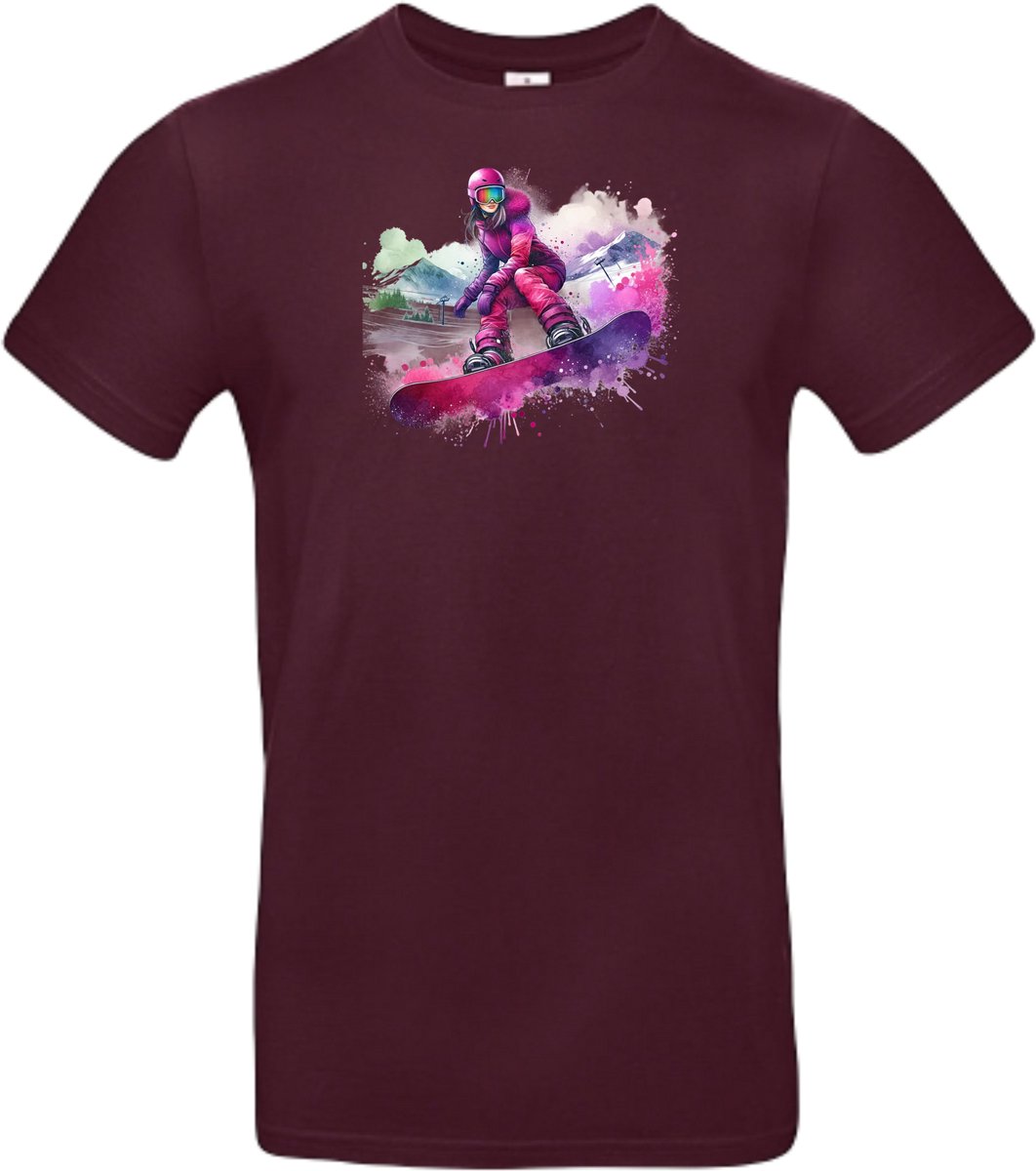 T-shirt bordeaux met opdruk van kleurige Snowboarder maat M van Shirtmakelaar