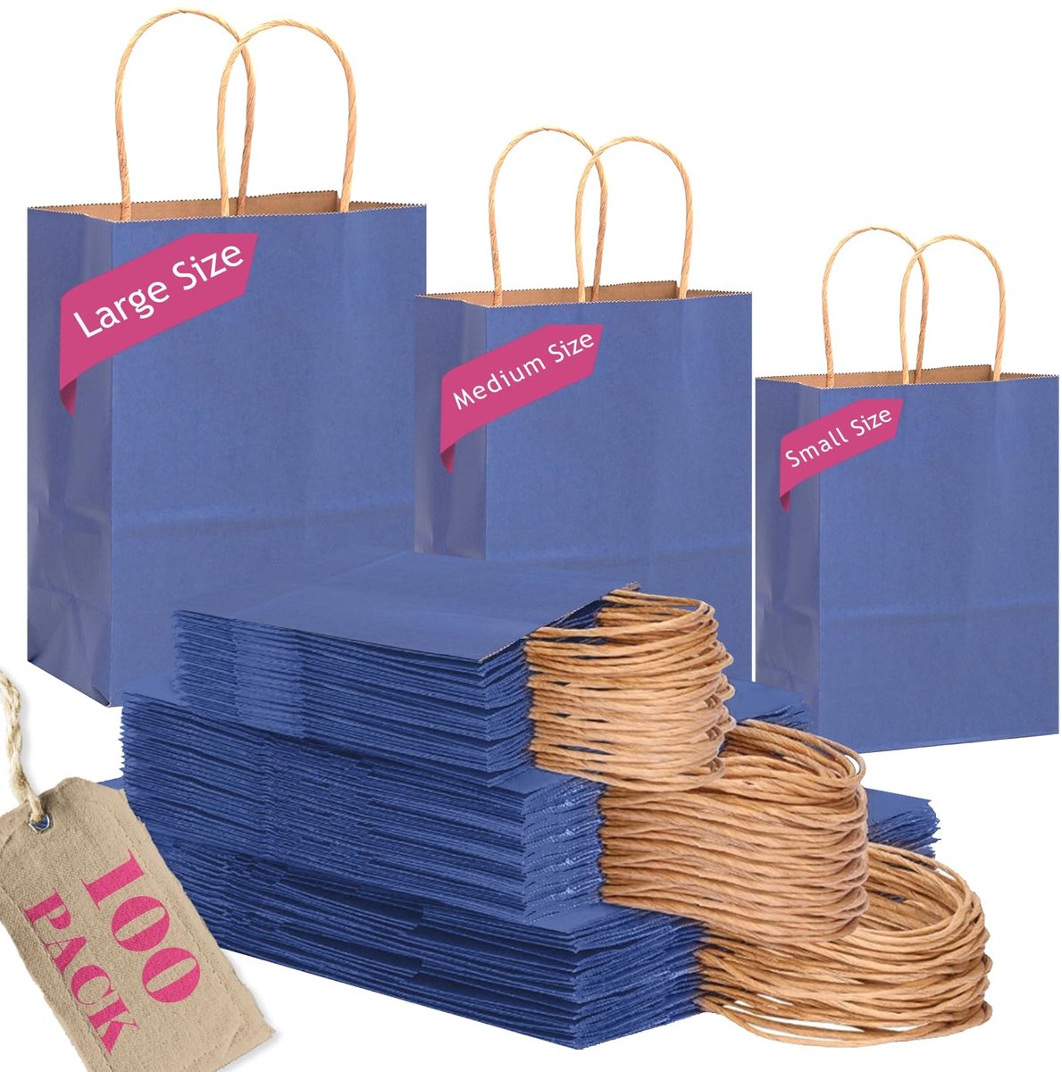 Solidchoice - Set van 100 Kraft Papieren Tasjes in Diepblauw met Handvatten