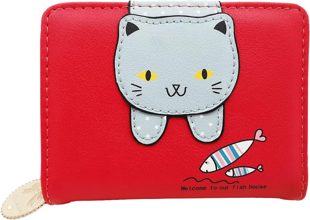 Mini leren portemonnee - dubbele rits - schattig katten ontwerp - ideaal cadeau voor meisjes en vrouwen - ShopVlot