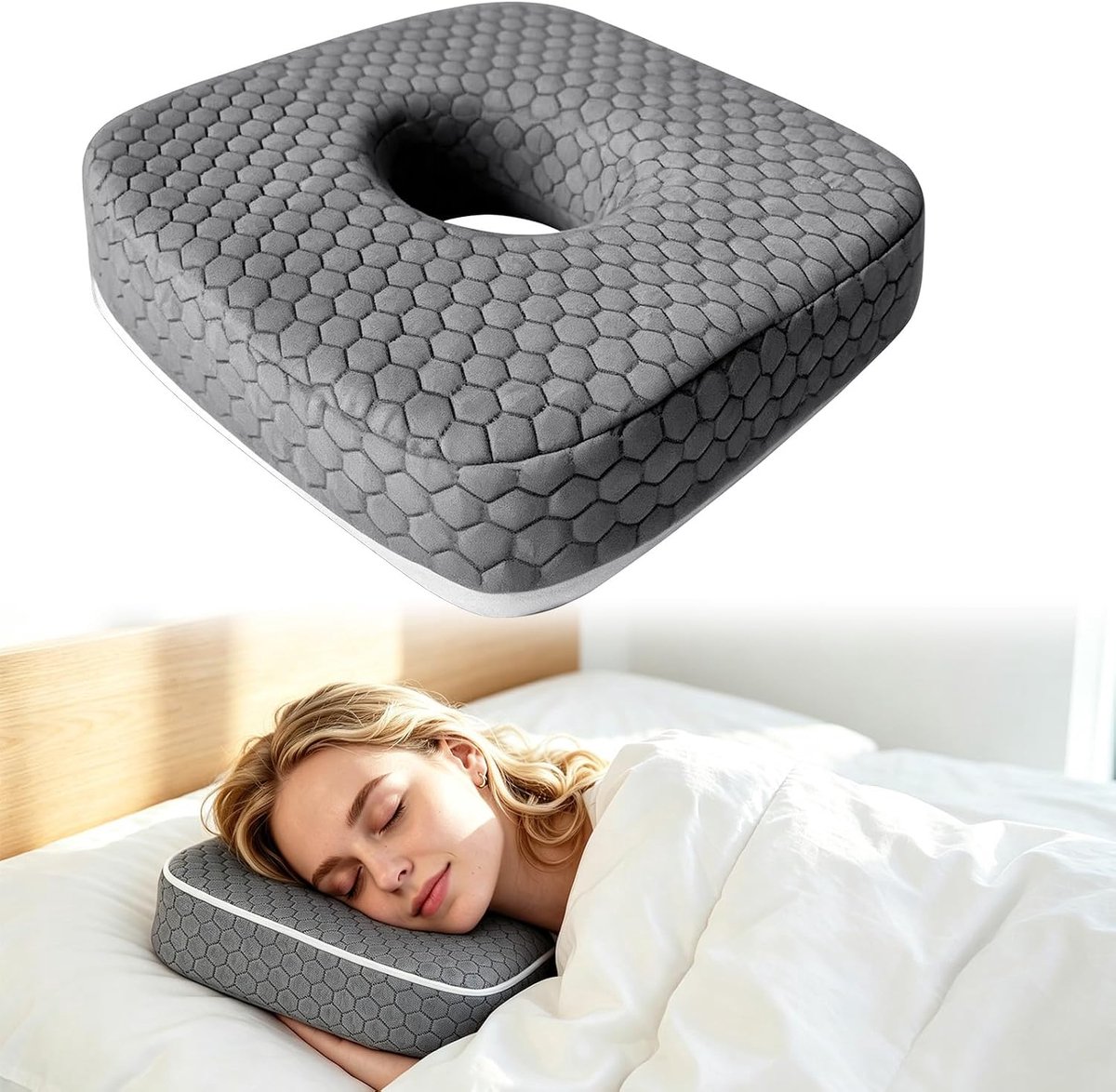 Piercingkussen 23 x 23 cm - drukontlastend traagschuim - oorgat voor zijslapers - verlichting voor gevoelige oren - ShopVlot