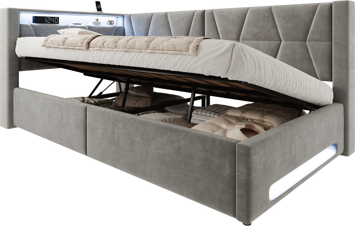 Gestoffeerd Bed 90x200 cm – Met Ledverlichting, Usb en Type C – Hydraulische Bedkast – Met Opbergruimte – Eenpersoonsbed – Grijs – Zonder Matras