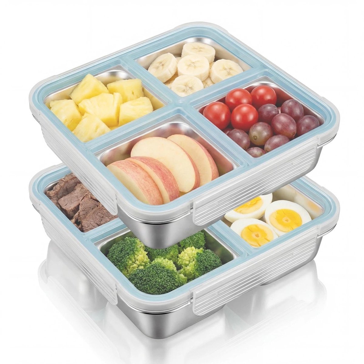 Solidchoice - Set van 2 Herbruikbare Roestvrijstalen Snackboxen met 4 Compartimenten
