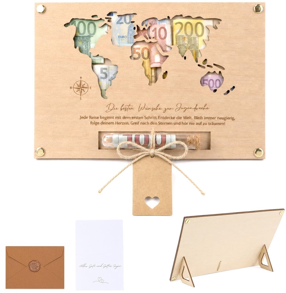 Solidchoice - Geldgeschenk Wereldkaart Houtkleur 25x17cm voor Feestgelegenheden