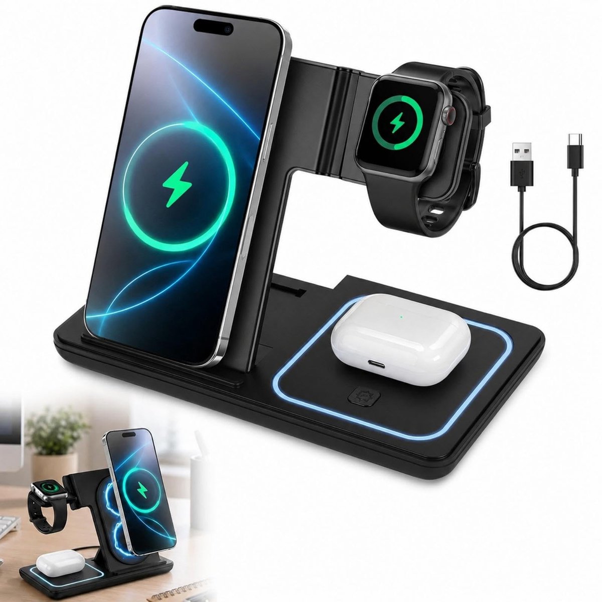 Solidchoice - 3-in-1 Draadloos Oplaadstation voor iPhone, Apple Watch en AirPods