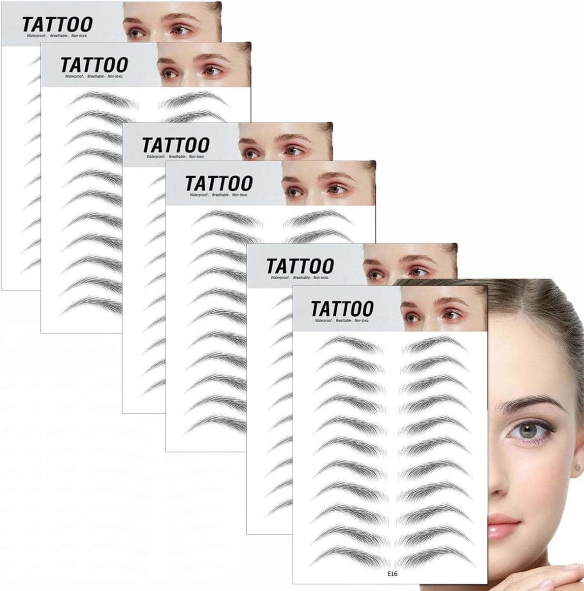 6 Vel Waterdichte Wenkbrauw Tattoos, 66 Paren 4D Haargelijke Wenkbrauwstickers, Semi-Permanente Wenkbrauwvormen voor Vrouwen en Meisjes, Perfect voor Make-up en Styling
