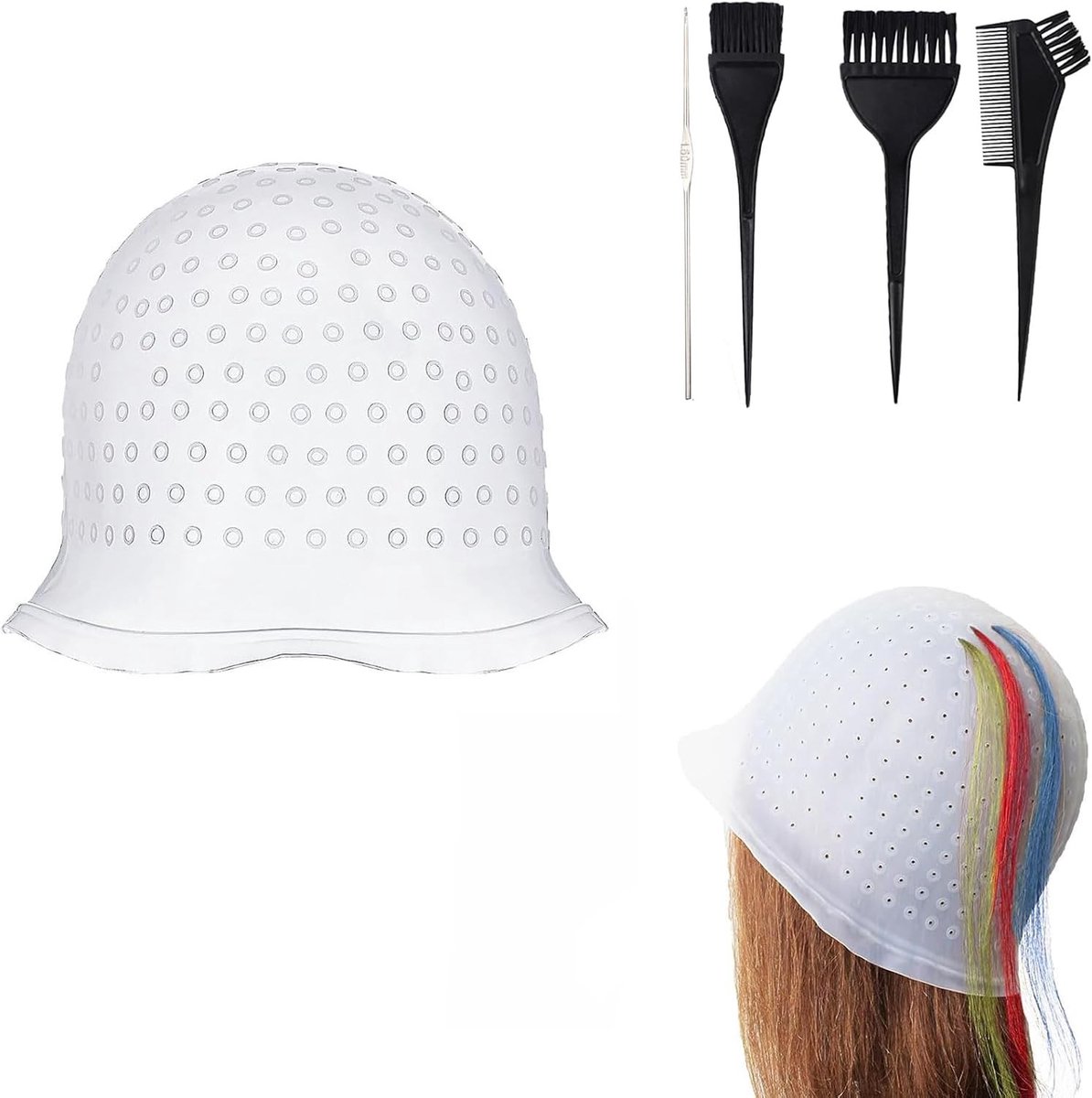 Herbruikbare Haarverf Hoed Set met Haakjes en Naalden - 5 Stuks Silicone Hoed voor Highlights en Kleurbehandelingen, Ideaal voor Thuis en SalonGebruik