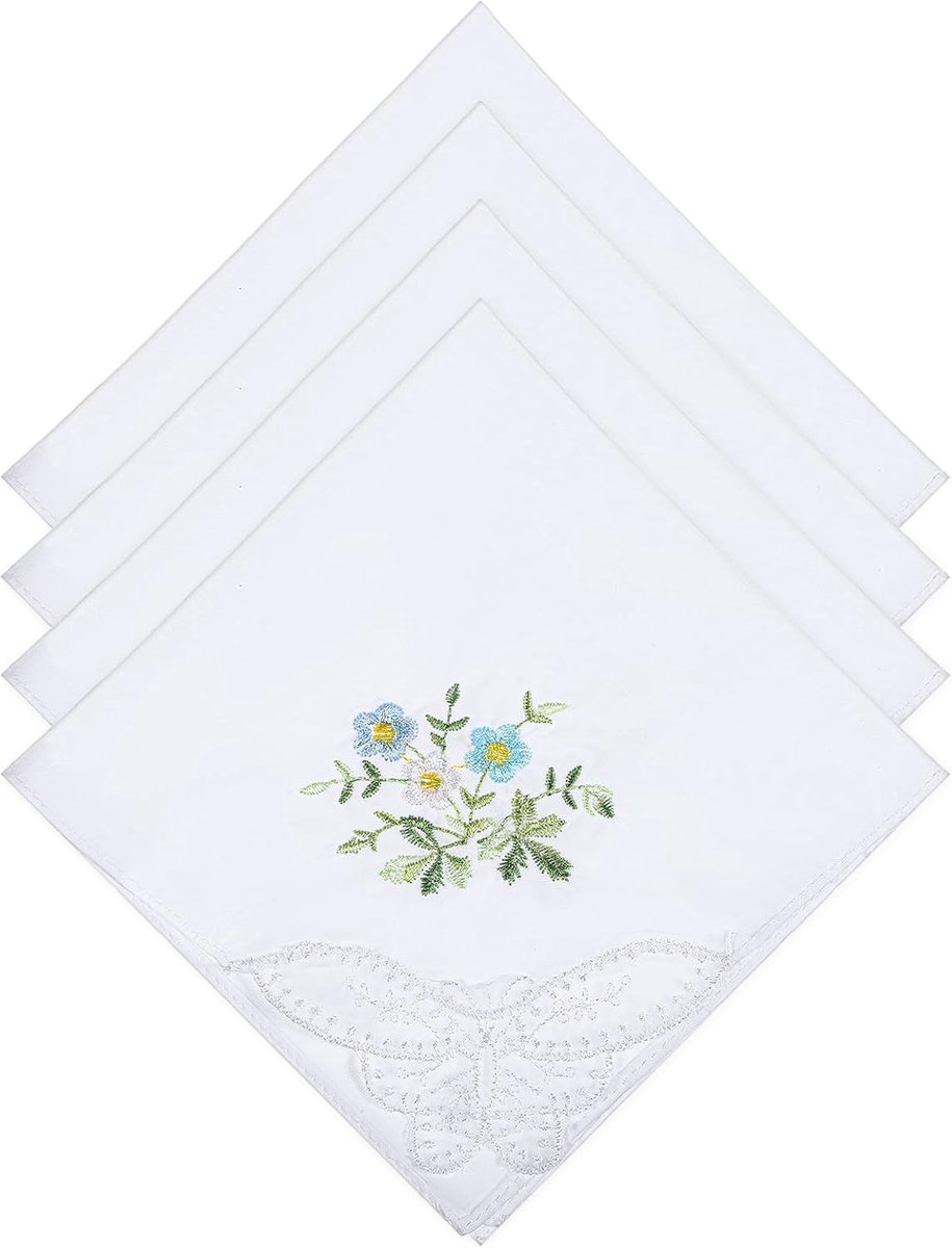 Set van 4 Handkerchiefs voor Vrouwen - Katoenen Gehaakte Bloemmotief Zakdoeken voor Bruiloft en Feestjes, 11 x 11 inch Vintage Zakdoeken