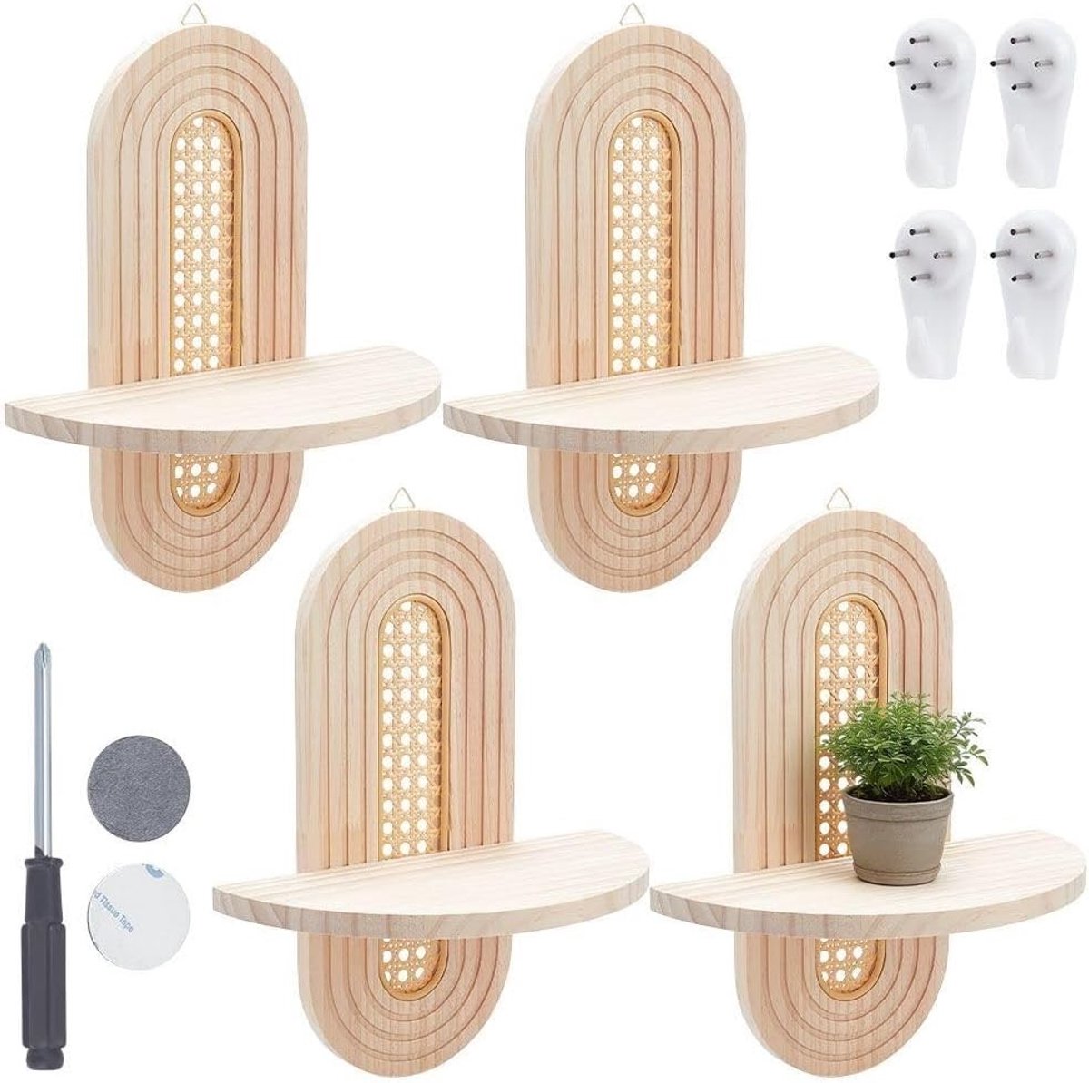 Boho Wandplanken voor Decoratie, Rieten Planken voor Planten en Kaarsen, Houten Muurplanken voor Slaapkamer en Woonkamer