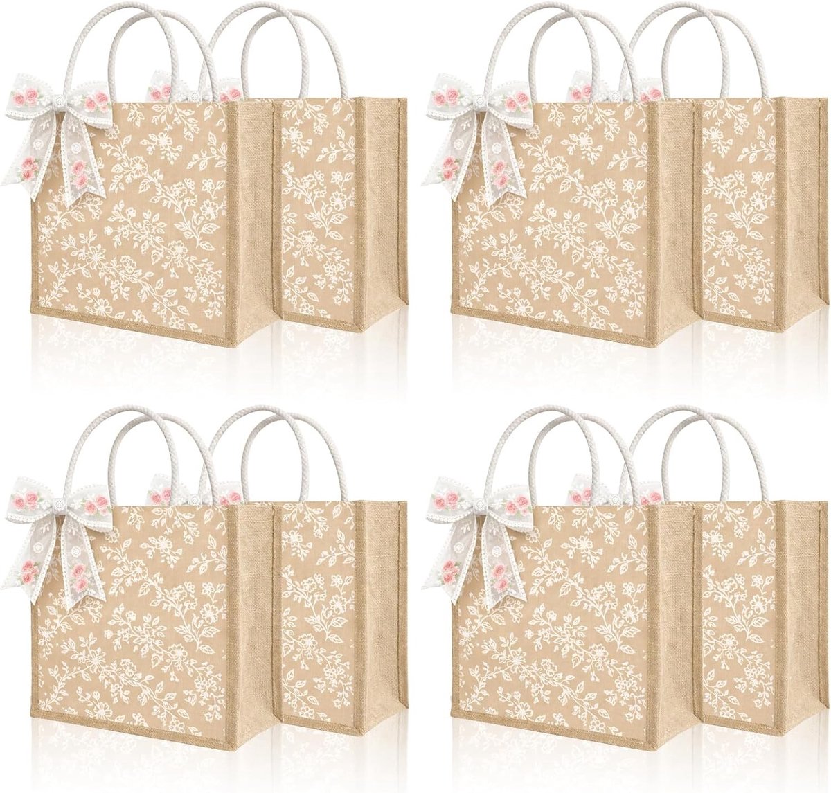 Set van 8 herbruikbare jute draagtassen met bloemenpatroon, stevige boodschappentas en strandtas, 25 x 25 x 13 cm