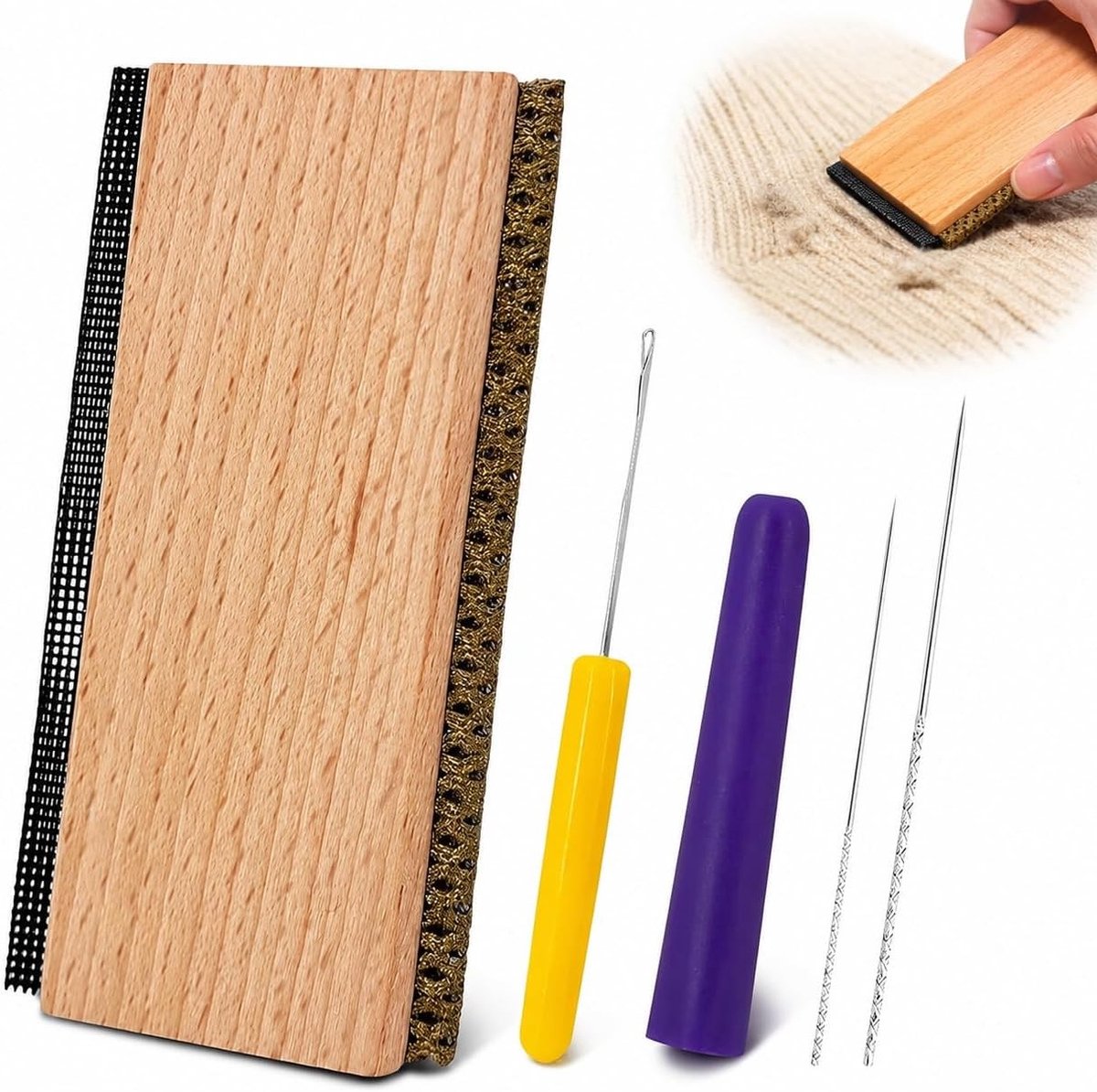 Dubbelzijdige wollen kam en pillingreparatieset voor truien, kasjmier, wol en delicate stoffen - Inclusief haaknaald en snagreparatienaalden (60/76 mm) voor professioneel gebruik