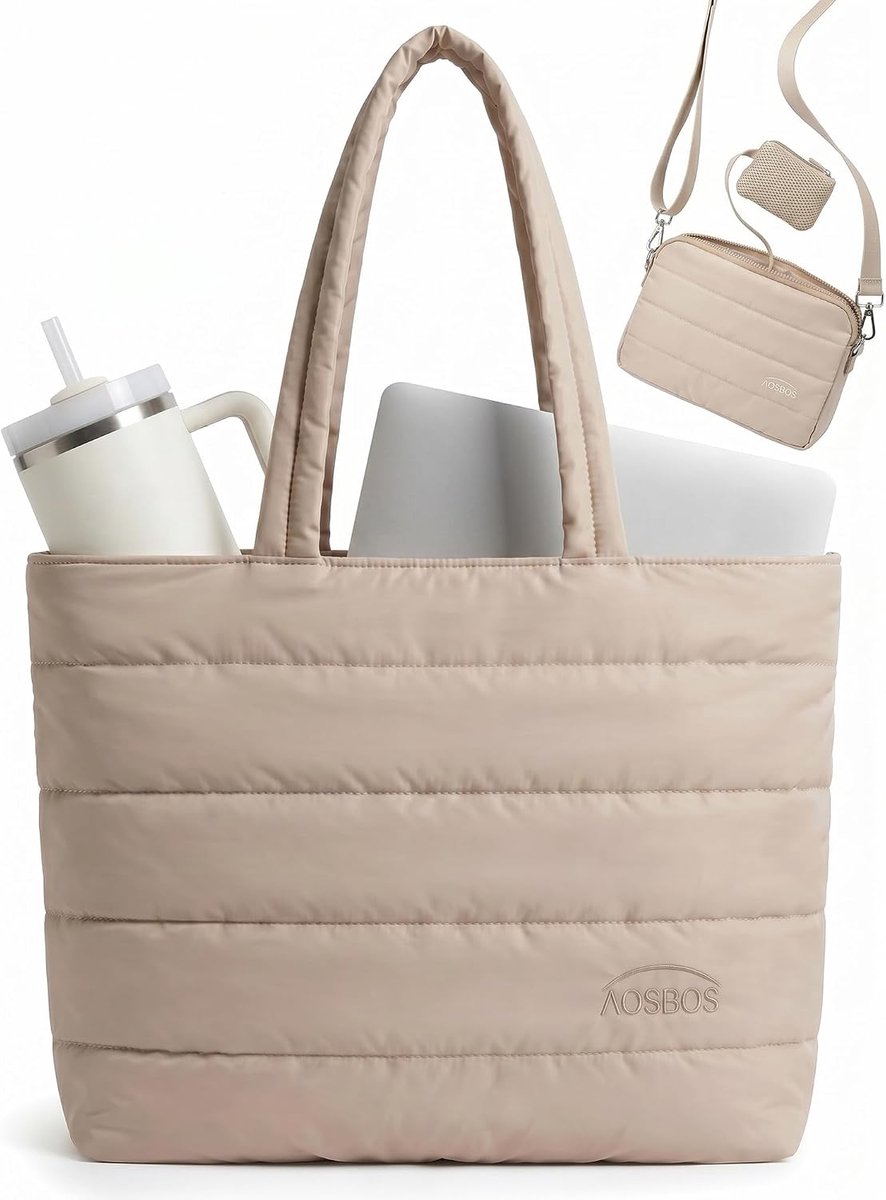 AOSBOS Puffer Tote Bag dames grote handtas met schouderriem shopper lichte werktas met laptopvak en schoudertas voor - ShopVlot