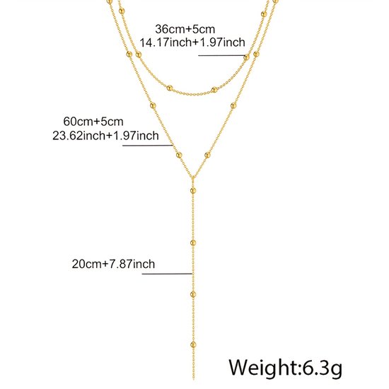 Dubbele gouden ketting met balletjes en een Y-vormige hanger, met afmetingen aangegeven.