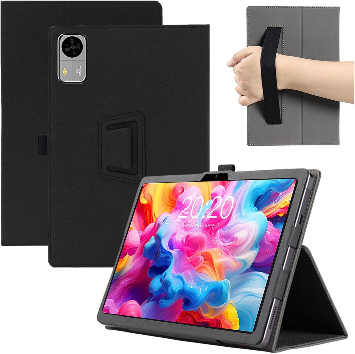 MEMELOKA Hoes voor Teclast M50t 10 inch, ultradunne en lichte PU-lederen beschermhoes met polsband [klapfunctie], zwart - ShopVlot