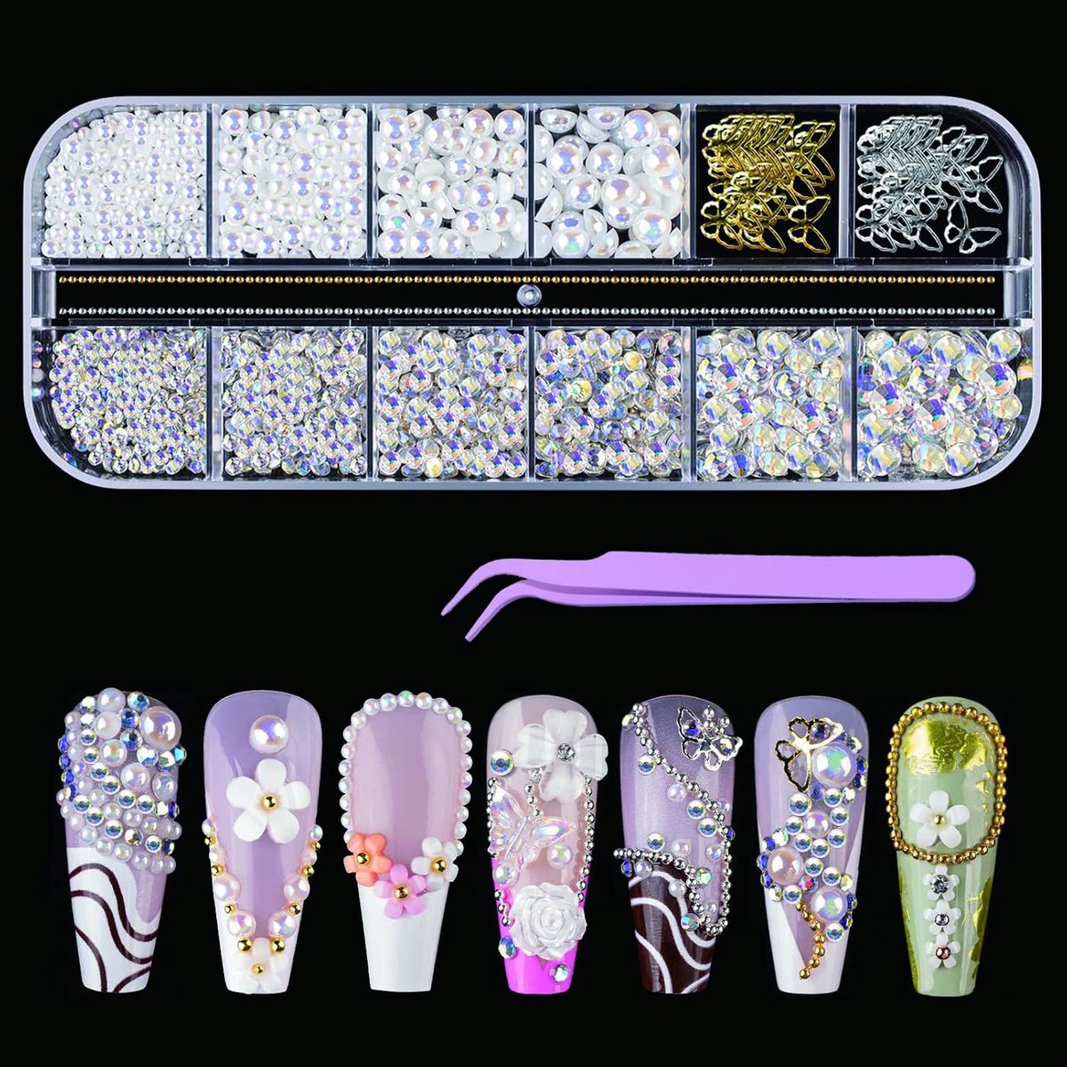 14 Different Nail Charm Sets, 12pcs Nail Art Accessories Storage Box Tools Caviar Beads for Nail Art, Nail Chains for - ShopVlot