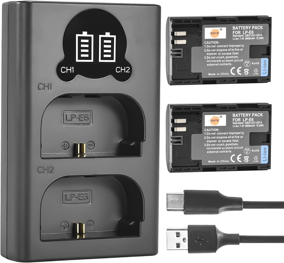 DSTE LP-E6 Battery (2-Pack) and Dual USB Charger Compatible with Canon 5DS, 5DS R, 6D, 7D, 80D, 70D, 60D - ShopVlot