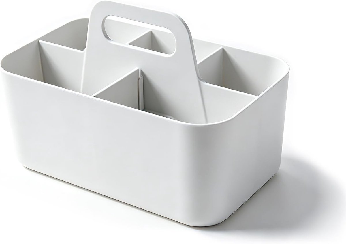 Multifunctionele Organizer met Handvat, Stapelbare Plastic Mand met 5 Compartimenten voor Kantoorbenodigdheden, Badkameraccessoires en Knutselmaterialen (Grijs)