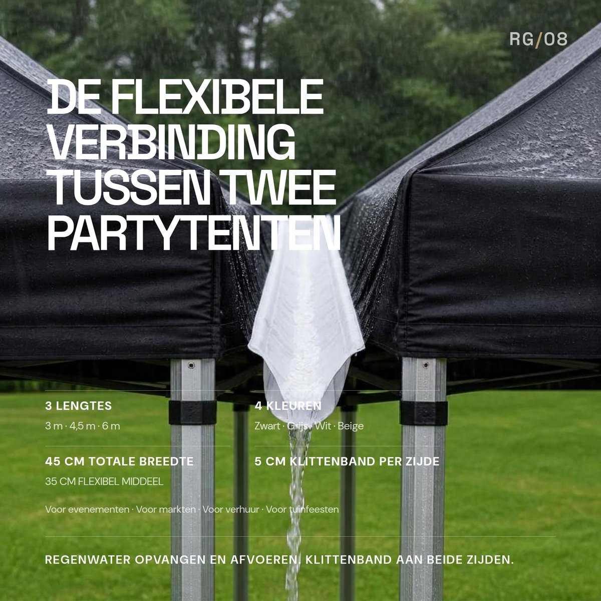 Regengoot Partytent 6 Meter – Regenafvoer voor Partytenten – 45 cm Breed – Klittenband Bevestiging – Wit