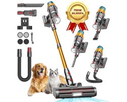 FOSMET Stofzuiger - Draadloze Stofzuiger - Steelstofzuiger - 750 watt - Hepa filtratie - Sterke Zuigkracht - 13 opzetstukken - Lange Accuduur Tot 80 Min - Zonder Zak Op Accu - Dierenhaar - Alle Vloertypen - Lang Snoer - Blauw‑Goud