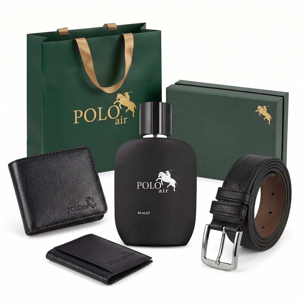 Polo Air Cadeauset Heren 4-delig - Portemonnee Riem Kaarthouder Parfum 50ml - Cadeau Geschenk Man Mannen Vader Zoon Echtgenoot Broer Collega Schoonzoon - Verjaardag Bruiloft Huwelijksjubileum Damat Seti Sinterklaas Kerst - Luxe Geschenkset Zwart