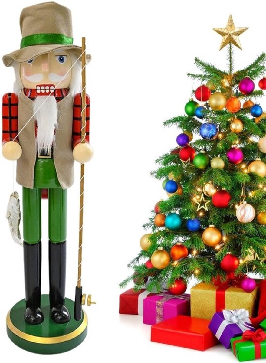 Notenkraker Visser Beeldje - Kerstdecoratie Figuur - Feestdagen Versieren - Handgeschilderd Hout - 38 cm - Visser
