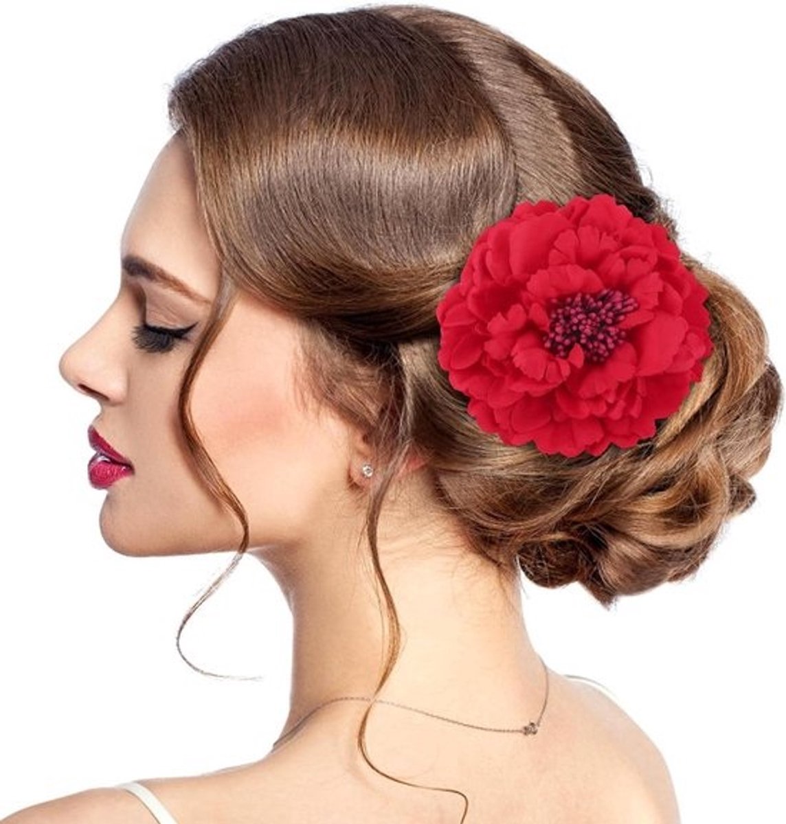 Bloem Haarclip - Pioen Haarspeld - Feestelijke Aankleding - Kunstmatige Pioenroos - 11 cm - Rood
