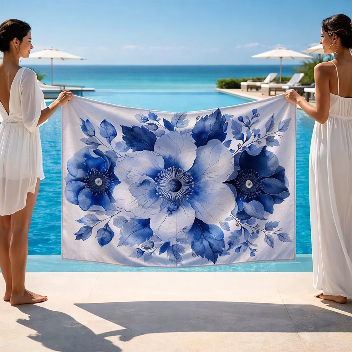 Grote strandhanddoek - Sneldrogend en zandbestendig - Blauwe en witte bloemen