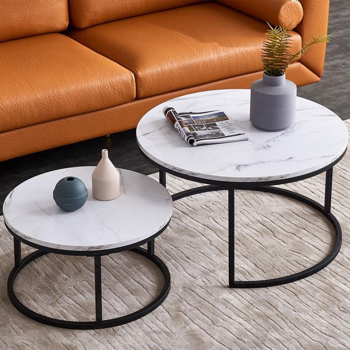 Ronde Uittrekbare Koffietafel - Set van 2 met houten blad - Zwart en marmer
