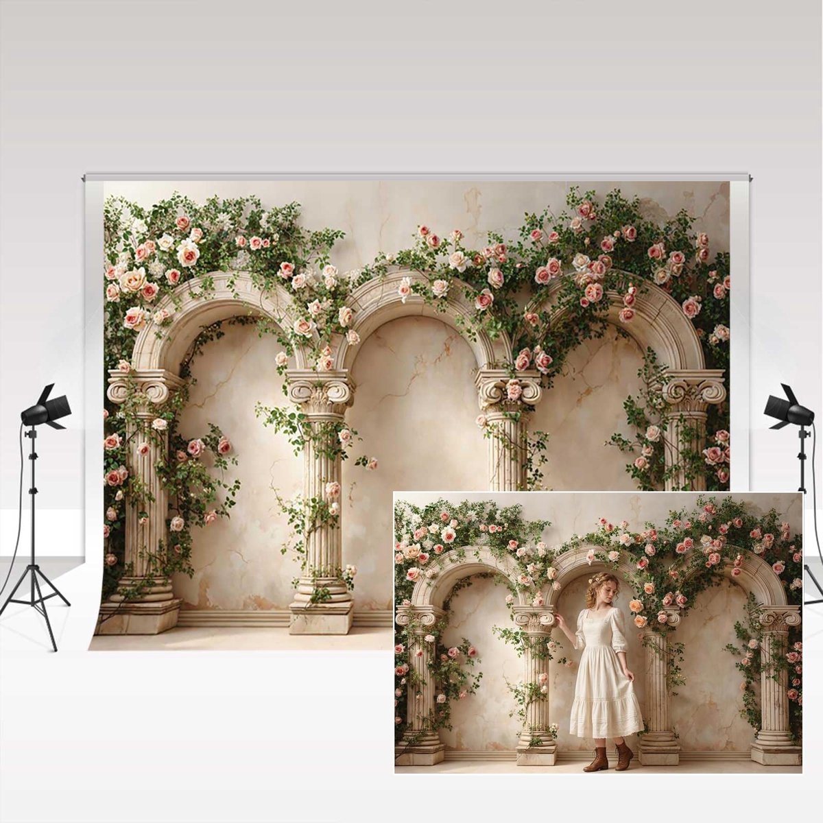 Fotografie Achtergrond - Europese Boog met Bloemen - 3x3m