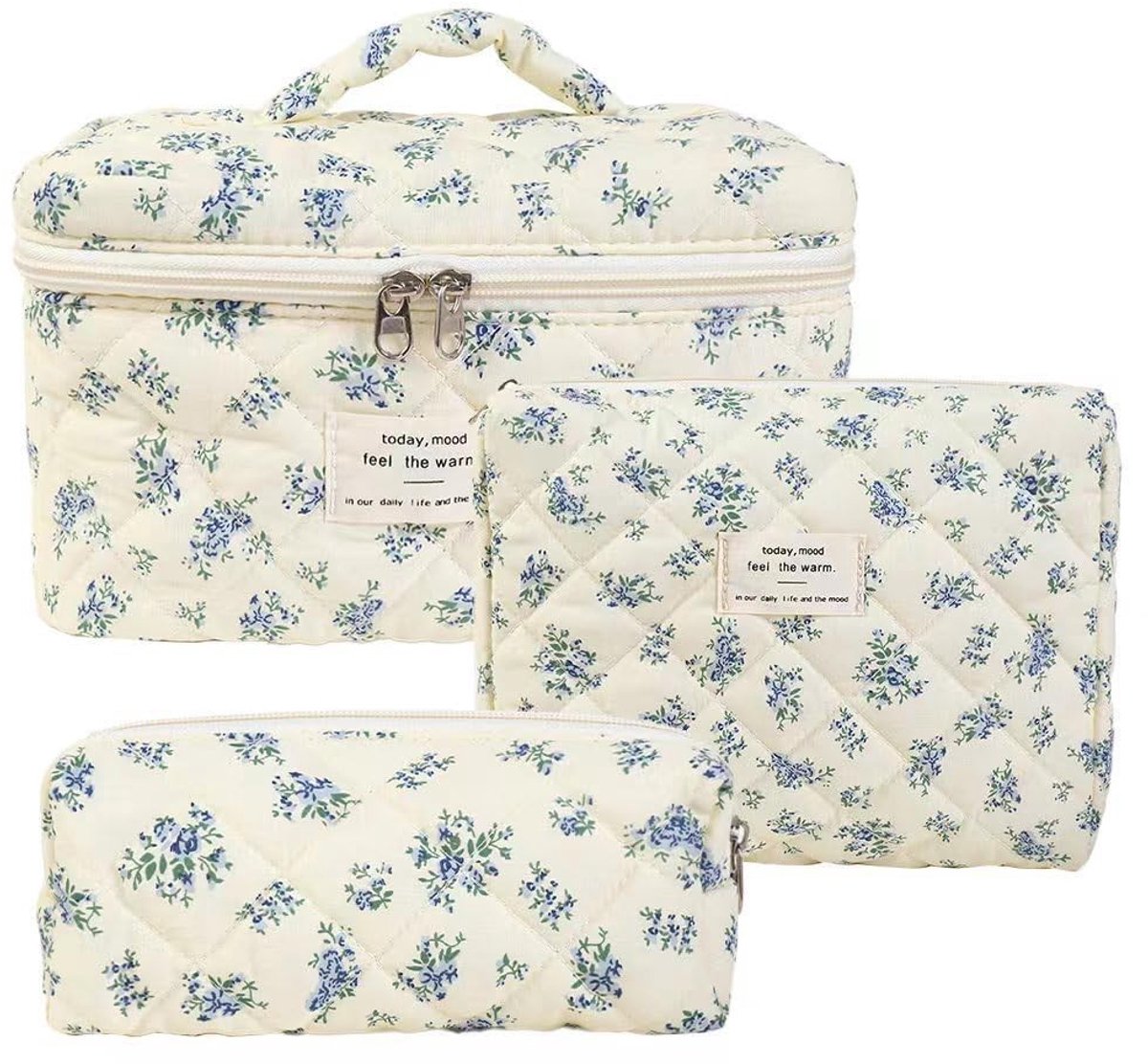 Toilettas set voor dames - Gewatteerd met bloemenpatroon - 3 stuks