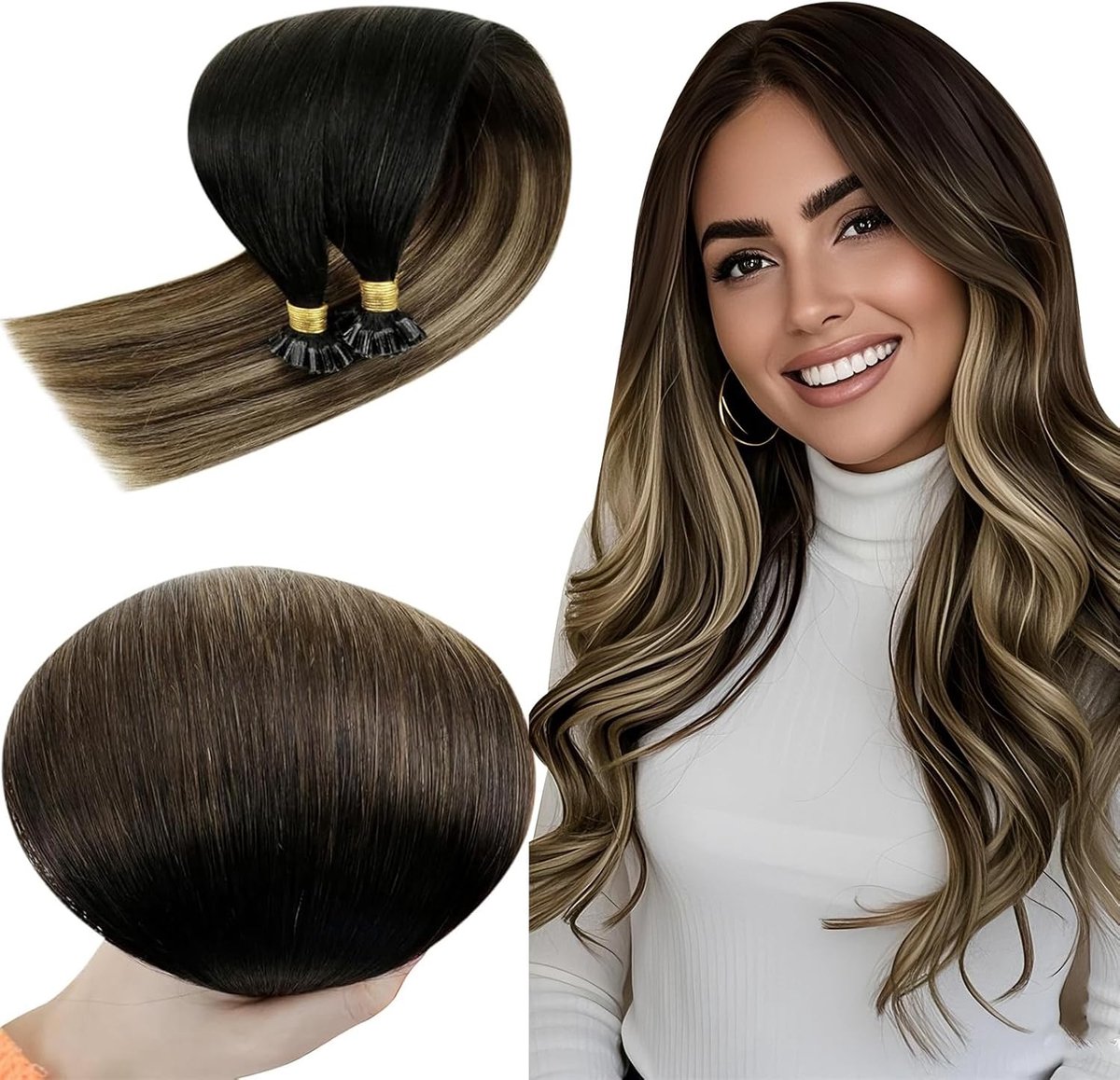 22 Inch U Tip Keratin Haarextensions van Echte Mensenhaar in Zwart, Donkerbruin en Caramel Blond - Hot Fusion U Tip Haarextensions, 50g, 50 Strengen