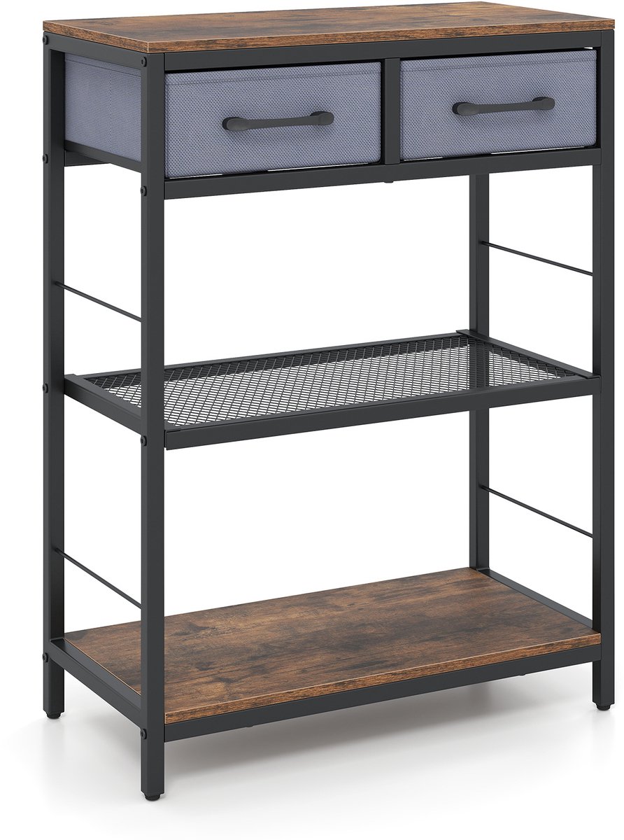 SureDeal® - Consoletafel - Smalle Haltafel - Stoffen Lades - Open Planken Haltafel - Metalen Onderstel - 60x30x81 cm - Koffiebruin