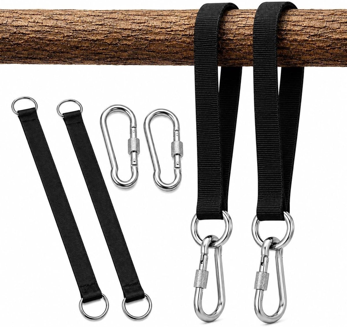 Swing Mount Set van 50 x 3.2 cm met Carabiner en D-Ring voor Hangmatten, Geschikt voor Bomen en Buitenstructuren, Draagbare Ophangset voor Schommels en Tuinmeubelen
