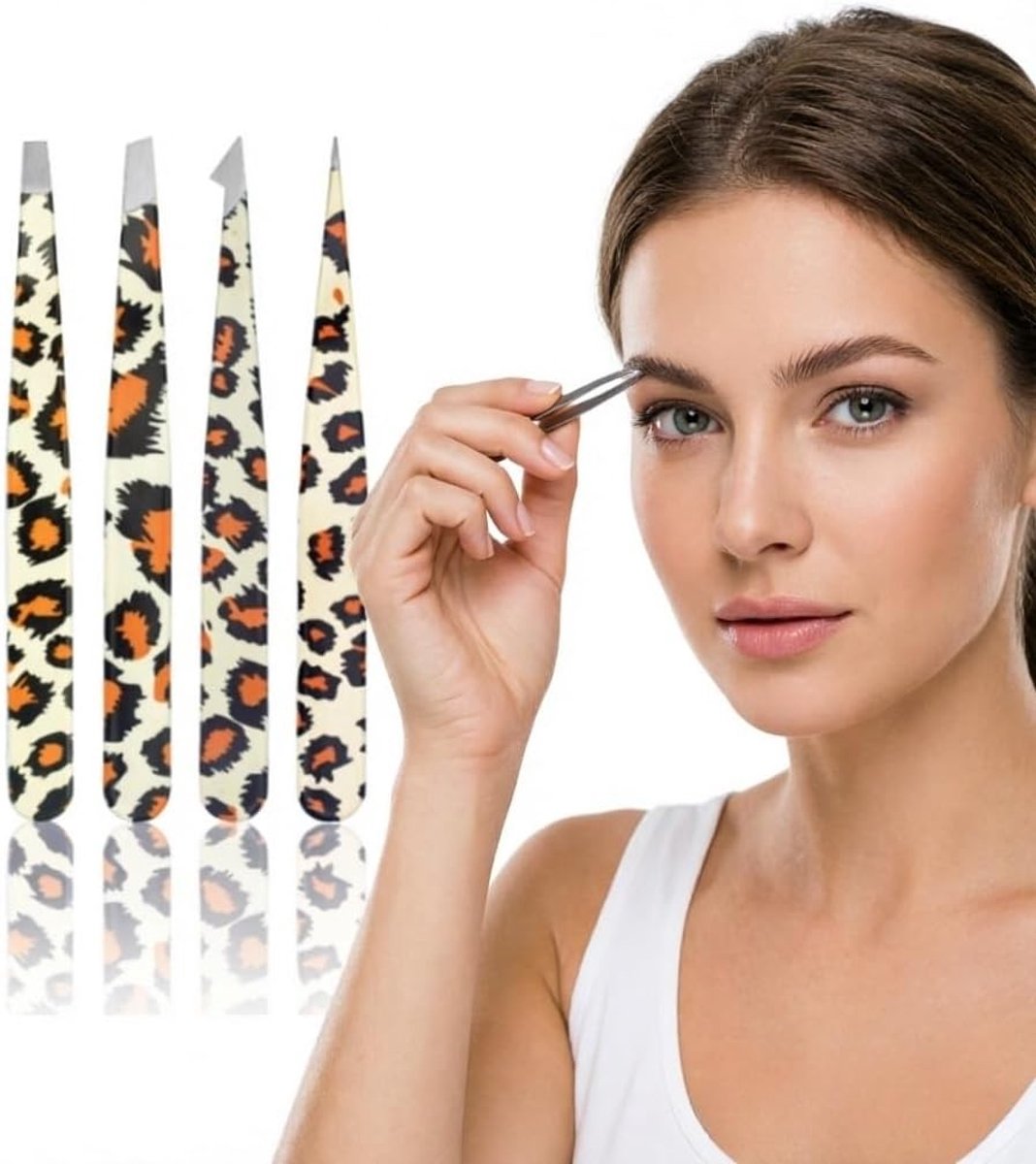 4-delige set precisie pincetten voor wenkbrauwen, roestvrij staal, luipaarddesign, ideaal voor grooming en styling