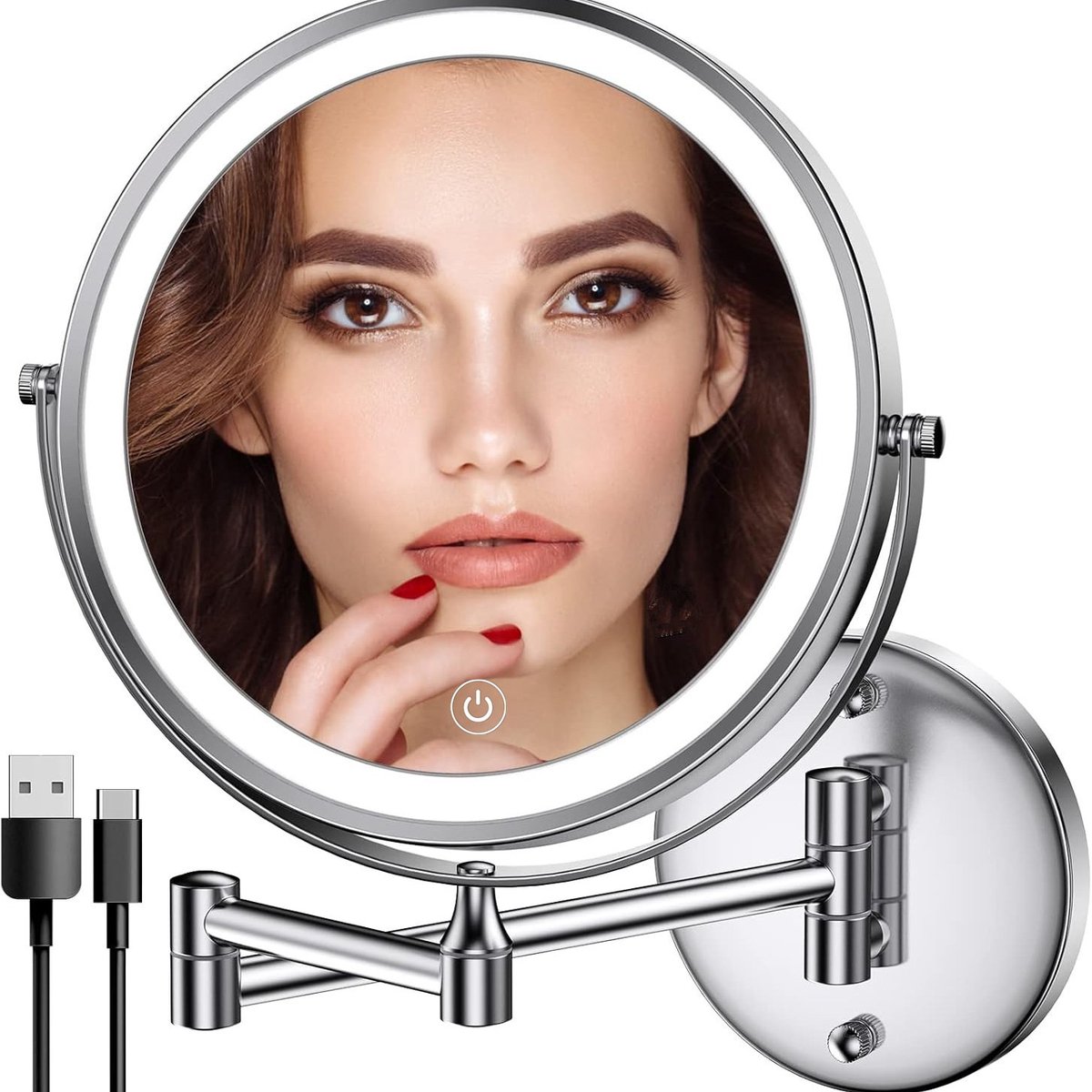 YAGXIG 8 inch make-upspiegel-badkamermake-upspiegel-met licht-1x/30x-3 dimbare kleuren-360° draaibaar-intrekbare arm-30x vergroting-geschikt voor badkamer-zilver